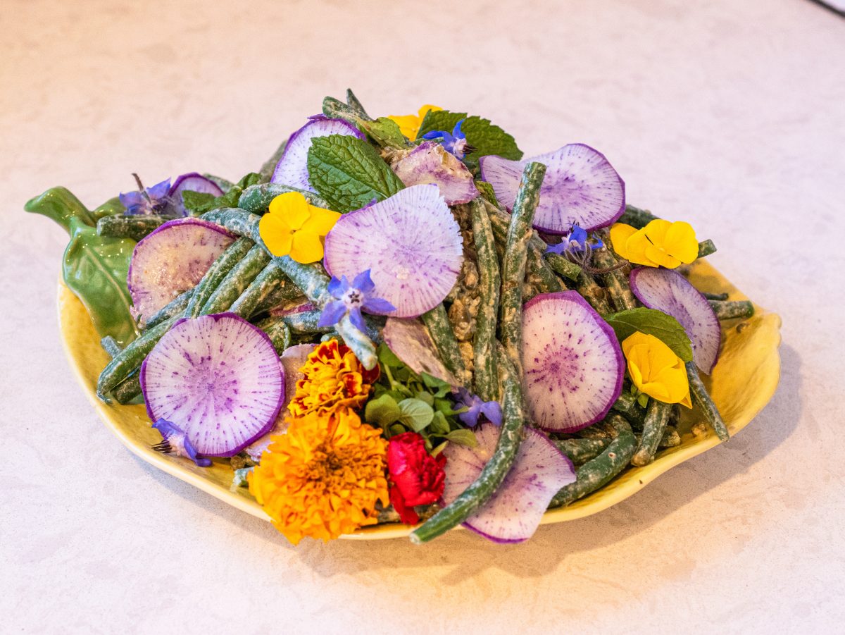 A wide-angle landscape photograph captured at eye level, showing a close-up bowl of blanched, vibrant green beans tossed in a creamy dressing with sliced radishes and mint, sitting on a weathered wooden picnic table. In the softly blurred background, other side dishes and people's hands holding forks are visible.