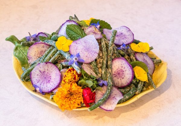A wide-angle landscape photograph captured at eye level, showing a close-up bowl of blanched, vibrant green beans tossed in a creamy dressing with sliced radishes and mint, sitting on a weathered wooden picnic table. In the softly blurred background, other side dishes and people's hands holding forks are visible.
